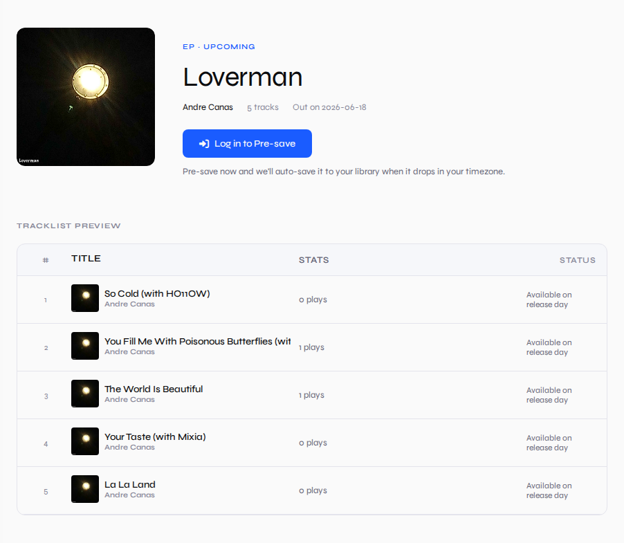 Example soundvia pre-save page for an upcoming release